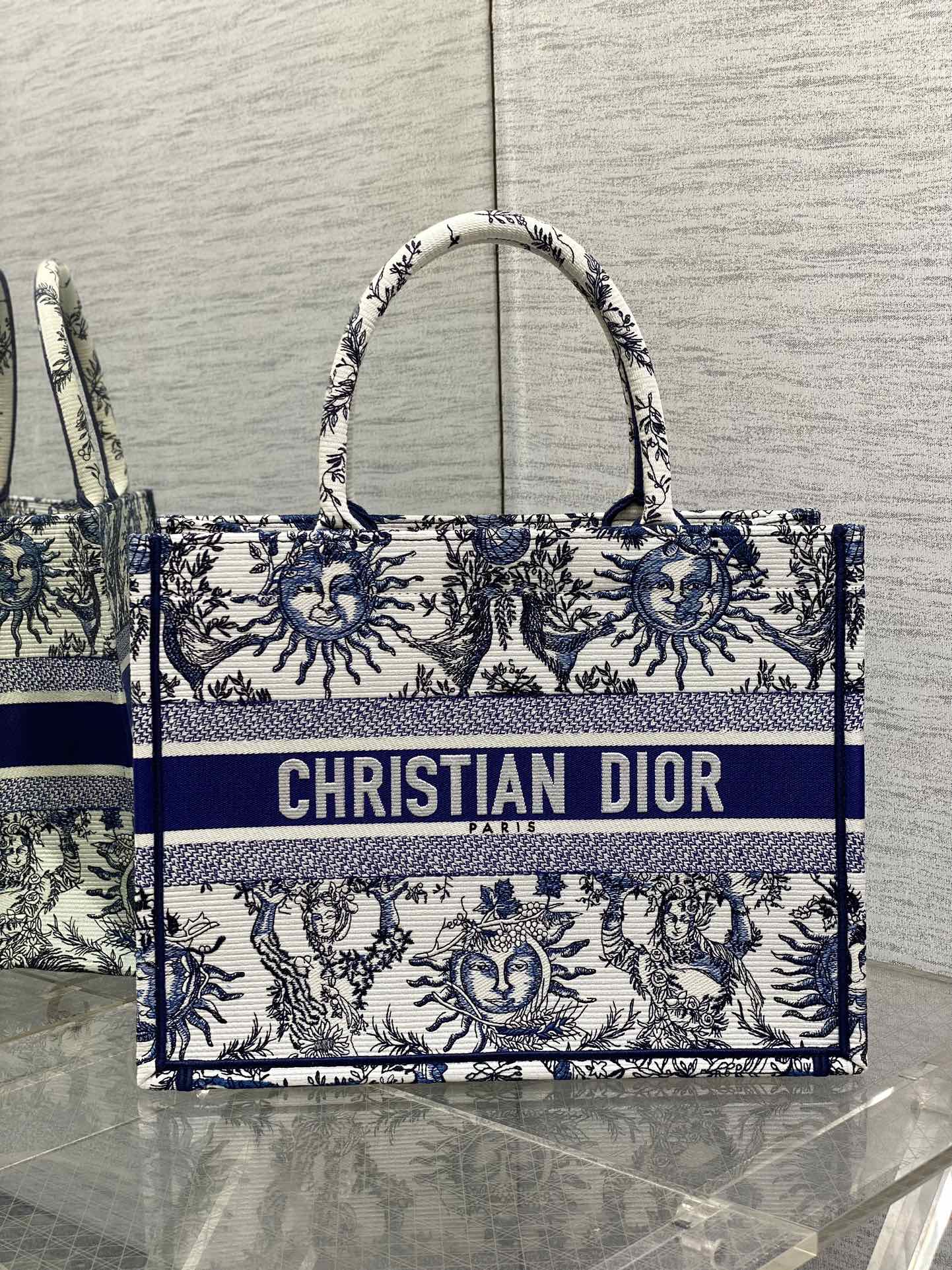 Medium Dior Book Tote Bag White and Navy Blue Toile de Jouy Soleil Embroidery